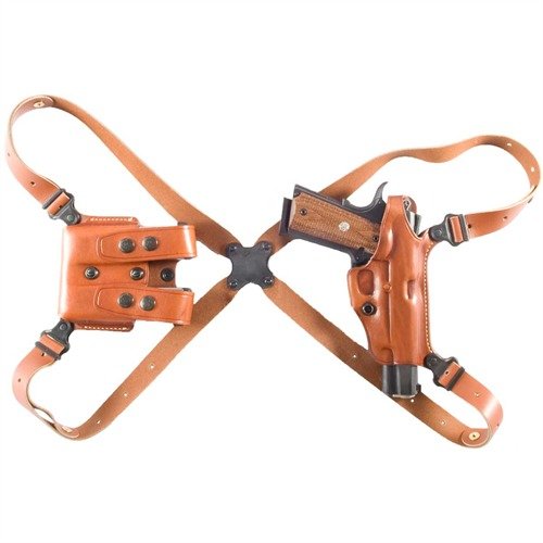 Galco's MIAMI CLASSIC shoulder holster offers premium saddle leather, a modular design, and a unique spider harness for ultimate comfort and fit up to 52