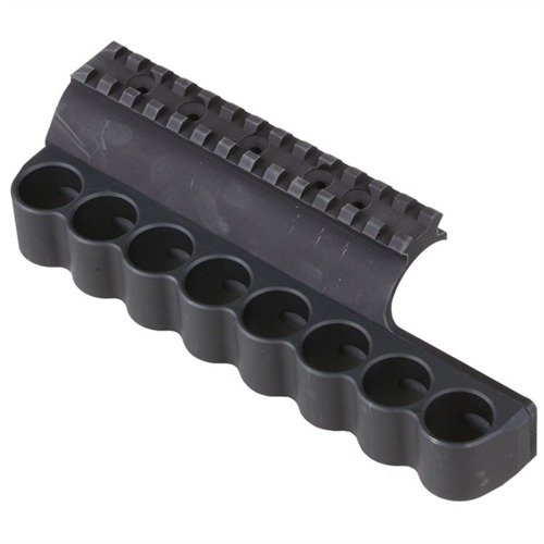 Rugged aluminum shotshell holder for Benelli M4/M1014, securely holds 8 rounds for fast tactical reloads; lightweight and includes all installation hardware.
