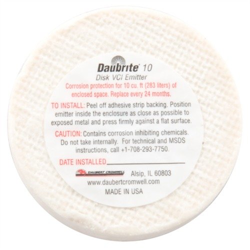 DAUBRITE® 10 DISK VCI EMITTER chrání kovy před korozí a vlhkostí, poskytuje ochranu pro 10 cu. ft. na 24 měsíců s jednoduchou instalací.