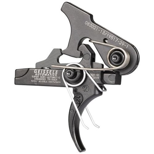 SSA-E Trigger offers enhanced control and accuracy for AR-15, featuring a smooth 2-stage pull with a total weight of 2.9-3.8 lbs, ideal for precision shooting.