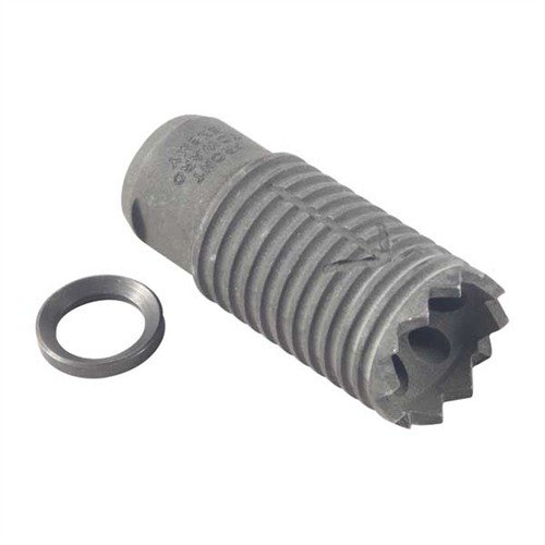 TROY INDUSTRIES AR 556 Claymore Muzzle Brake directs blast and noise forward, minimizes recoil, features a breeching device, and is humorously inscribed.