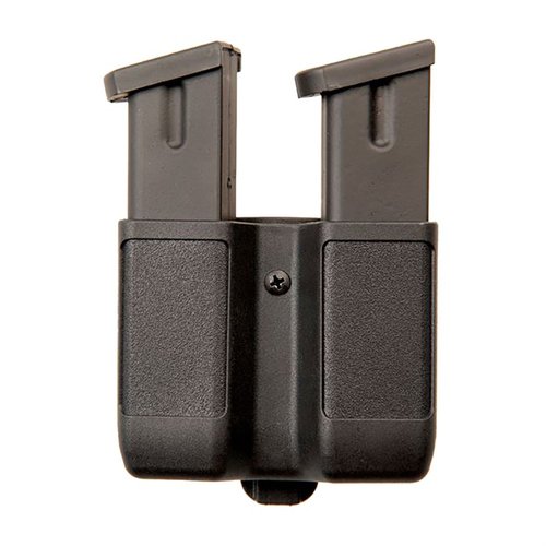 DOUBLE MAG CASE offers double capacity, built-in tension spring for secure hold, adjustable belt clip, and a slim profile, fitting various magazine sizes.