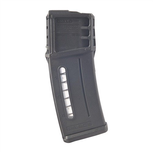 Durable 30-round polymer magazine for HK G36 with anti-tilt follower, transparent windows for round count, and compatibility with PMAG accessories.