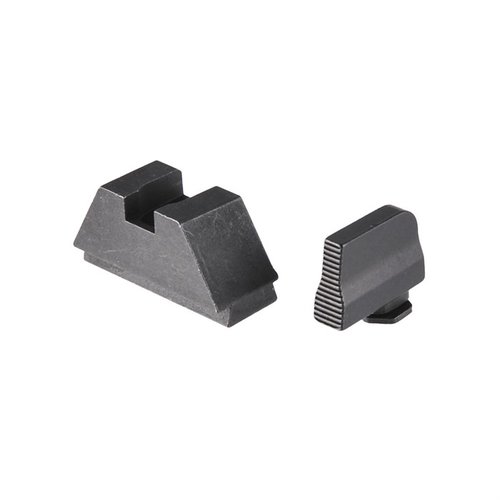 Suppressor height sights for Glock provide a clear sight picture, anti-glare serrated front, and robust steel construction, ideal for RMR-equipped slides.