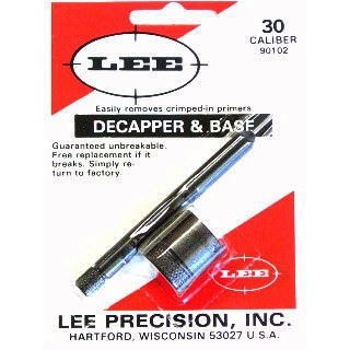 LEE DECAPPER & BASE, .30 CAL efficiently removes crimped in primers from military cases, ensuring reliable reloading for your firearms.