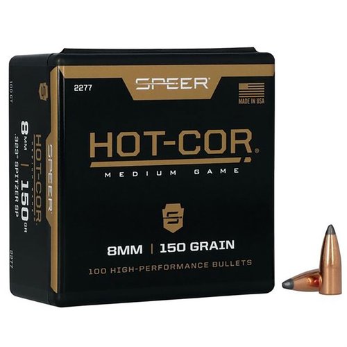 SPEER HOT-COR 8MM Spitzer bullets offer unmatched consistency and accuracy, crafted with a molten lead core for reliable performance in every shot.