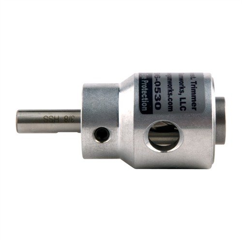 LITTLE CROW GUNWORKS trimmer efficiently trims 8-10 cases/min with electric drill, featuring durable aluminum/stainless steel construction for lasting use.