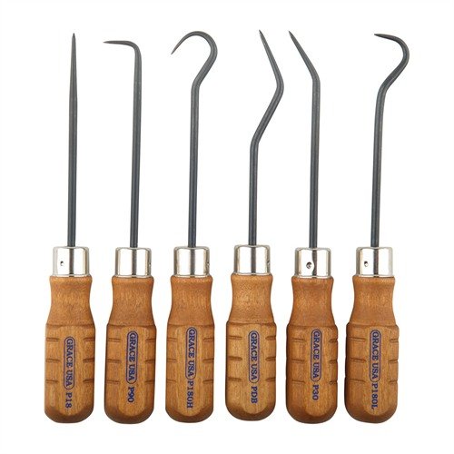 6 PIECE HOOK AND PICK SET by GRACE USA features durable US 8650 Chromium-Vanadium steel tools with hardwood handles, perfect for professional and hobbyist gunsmiths.