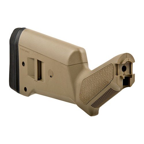 SGA ambidextrous buttstock for Mossberg 500/590 offers adjustable length of pull, improved grip, recoil reduction, and is compatible with optics. Made in the USA.