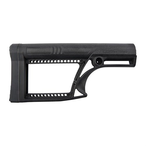 Luth-AR Skeleton Stock fits AR-15/308 rifles, replacing A1/A2 stocks with adjustable cheek rest and pull length, made from durable glass filled nylon.