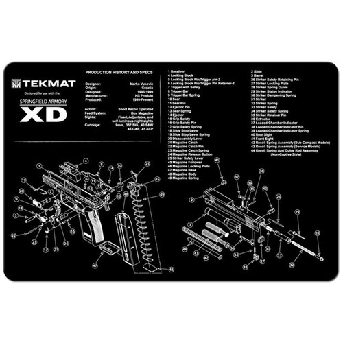 TEK MAT Pistol Gun Mat protects your firearm's finish with a soft polyester top, non-slip neoprene backing, and features an exploded parts diagram for easy reference.