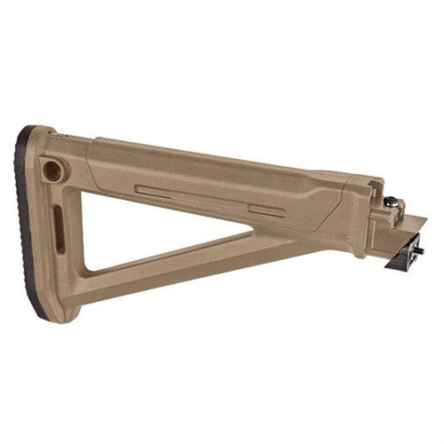 Magpul MOE AK Stock offers optimized fit for stamped-receiver rifles, internal storage, QD sling swivel placement, shock-absorbing butt-pad, and customizable cheek risers.