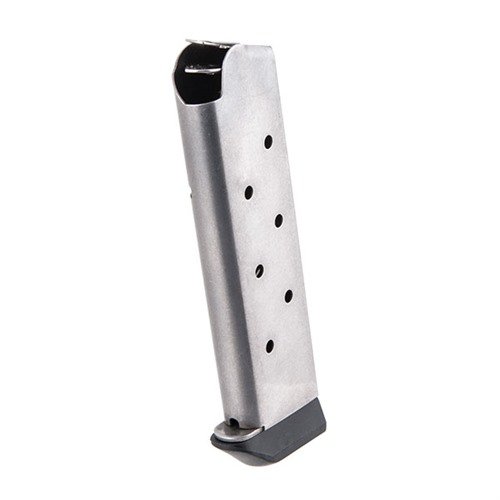 Chip McCormick's 1911 .45 8RD Stainless Steel Magazines feature a unique flat follower for increased capacity, Wolff springs, and tighter tolerances for reliable performance.