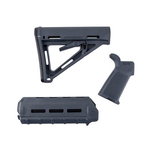 Upgrade your rifle effortlessly with the Magpul MOE Furniture Set, featuring a Mil-Spec stock, carbine forend, and grip in stylish gray for enhanced performance.