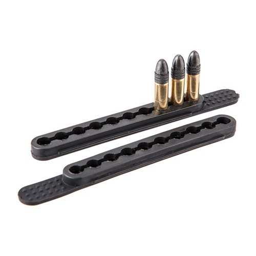 QUICKSTRIP, 10 RD, .17HMR/.22 LR/.22 SHORT, is a flexible polymer holder for quick ammo reloads, grasping the case head for easy access and two-at-a-time loading.