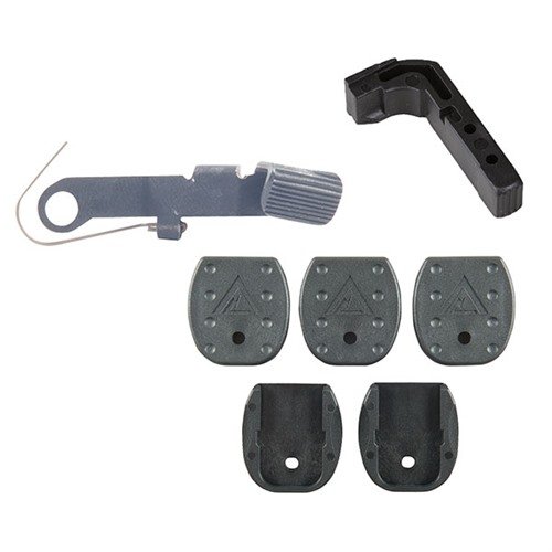 Vickers Glock Accessory Pack features an extended magazine release for quick changes, durable floor plates for reliable grip, and a redesigned thumb pad for faster operation.