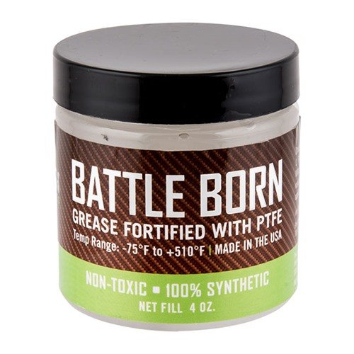 BATTLE BORN GREASE ensures smooth operation of firearms and tools in extreme temperatures, is water-resistant, non-toxic, and comes in a convenient applicator.