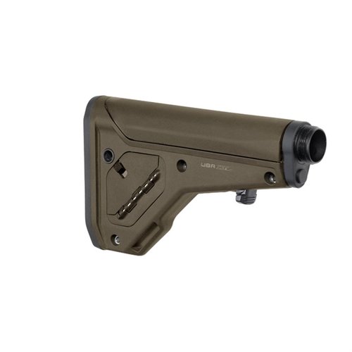UBR 2.0 stock offers strength, stability, and adjustable cheek weld across 8 positions, compatible with A5 buffer systems, plus QD sling points and storage.