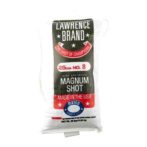LAWRENCE BRAND SHOT #8 Magnum Lead Shot delivers tight patterns and deep penetration, made from a high-antimony alloy for extra hardness and smooth flow.