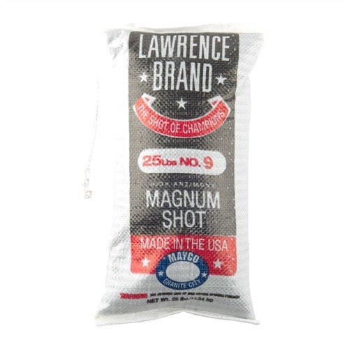 LAWRENCE BRAND SHOT #9 Magnum Lead Shot offers tight patterns, deep penetration, and smooth flow through reloaders, made from high-antimony alloy for extra hardness.