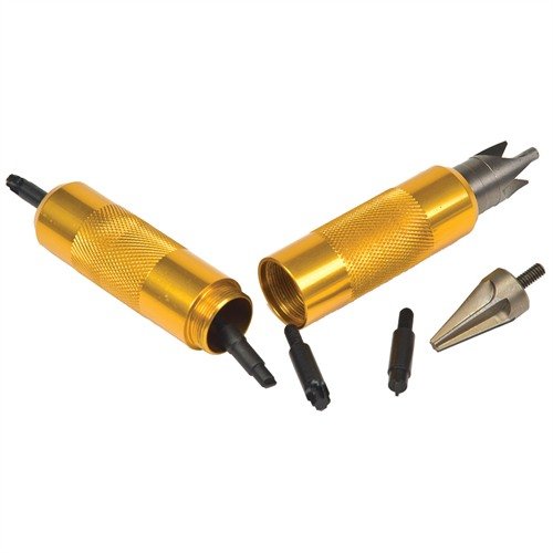 Lyman Case Prep Multi-Tool combines essential case prep tools in a compact design, featuring a knurled handle for easy storage and dual tool head capability.