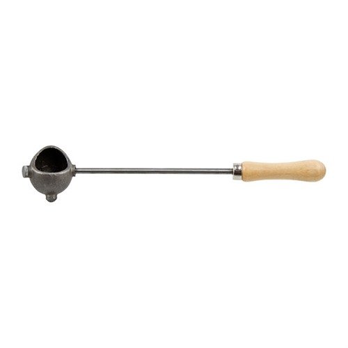 Lyman Lead Dipper features a cast iron head for accurate pouring, a cool wooden handle, and a long stem for stirring, suitable for both right and left-handed use.