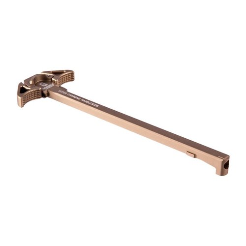 Super Charging Handle 7.62 offers ambidextrous operation, textured grip, and gas mitigation for short barrels, made from durable 7075-T6 aluminum in black or DDC.