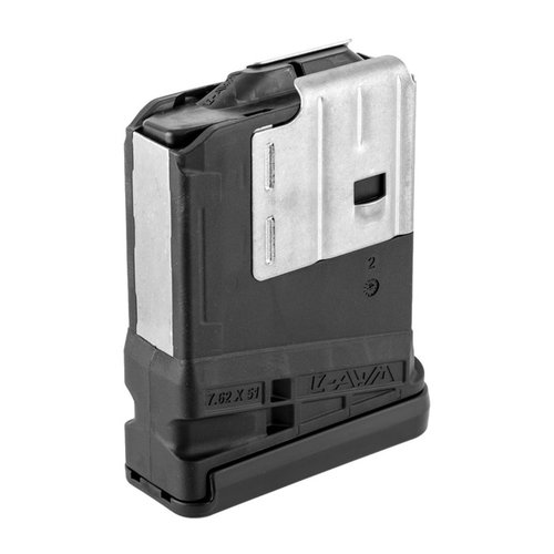 Lancer's L7AWM .308 magazine combines lightweight polymer with steel feed lips for reliability, featuring a switchable drain lock for diverse conditions.