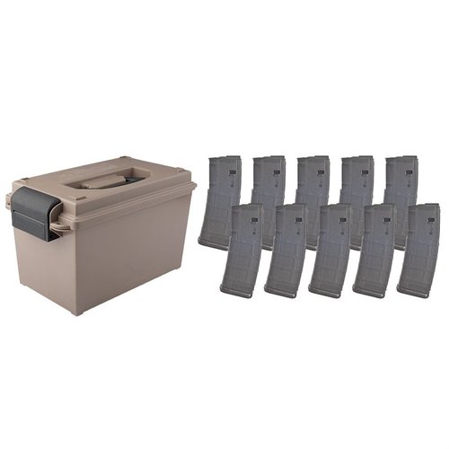 Tactical Mag Can with 10-pack of 30-Rd PMAGs offers secure, water-resistant storage for AR15 magazines, featuring ridged foam padding and a comfortable handle.
