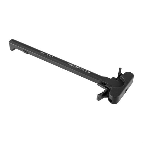 KAC 5.56mm Ambidextrous Charging Handle offers ergonomic design, accessible latch pads for easy manipulation, and durable aluminum construction, ensuring reliability.