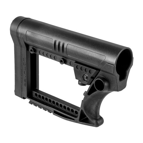 The Luth-AR Skullaton stock is lightweight, comfortable, fits commercial/mil-tech buffer tubes, and features a picatinny rail for accessories.