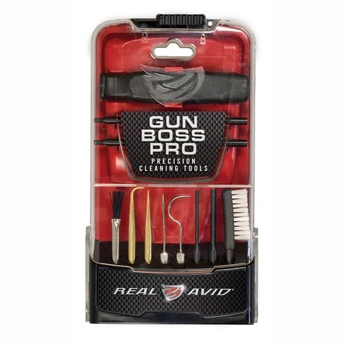 Real Avid Gun Boss Pro offers precision cleaning with coated steel rods, brushes, picks, and a carbon scraper in a kickstand storage case for easy access.