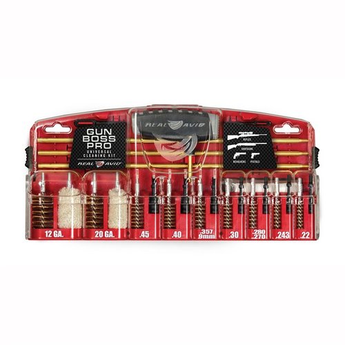 Real Avid Gun Boss Pro Universal Cleaning Kit offers essential tools for .22 to 12 gauge firearms, featuring a 32
