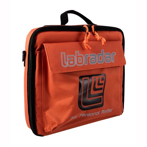 LabRadar Carry Case offers durable 600 Denier construction, waterproof backing, and ample storage with pockets, plus a shoulder strap for easy transport.