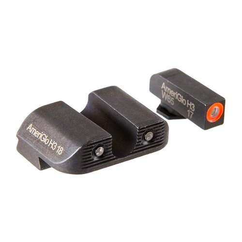 AmeriGlo Agent night sights for Glock® offer enhanced visibility with Tritium lamps, durable steel construction, and a low-profile design for quick sight acquisition.