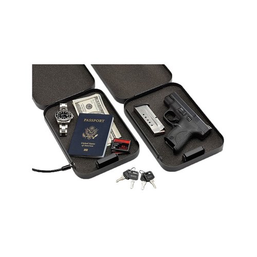 Snap Safe Lock Box offers secure storage for handguns and valuables with heavy steel construction, thick foam interior, and a 16 gauge steel cable for added security.