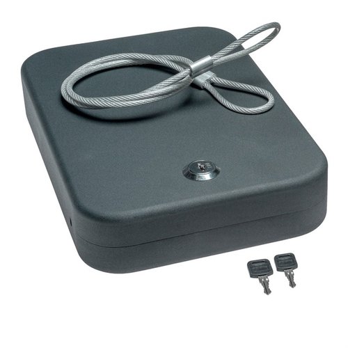 Snap Safe Lock Box offers secure storage for handguns and valuables with heavy steel construction, thick foam interior, and a 16 gauge steel cable for added protection.