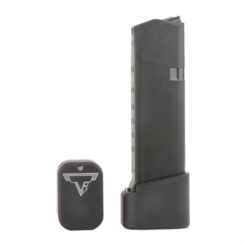 BASE PAD for GLOCK 19/23 enhances reload speed with its easy push pin design, CNC machined aluminum, and fits USPSA 140mm gauge for high-cap OEM magazines.