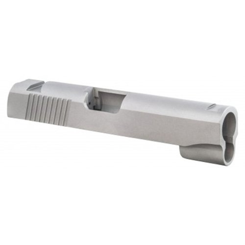 Precision CNC machined 1911 Commander Slide for 45 ACP or 9mm/38 Super, featuring combat serrations and standard dovetail sight cuts for enhanced performance.