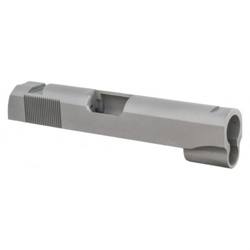 Precision CNC machined 1911 Commander Slide for 45 ACP, featuring GI/Mil spec serrations, dovetail sight cuts, and compatibility with multiple 45 cartridges.