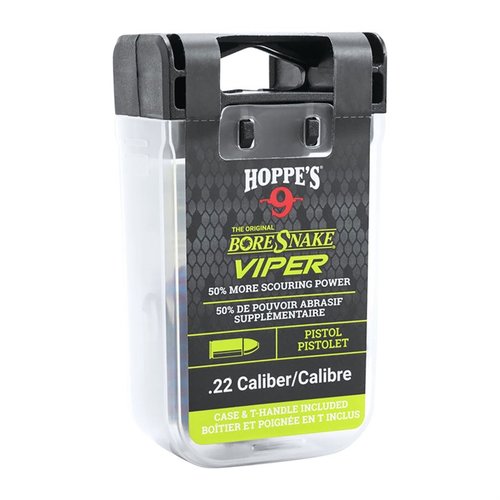 HOPPES Pistol Viper Bore Snake offers a complete cleaning solution with 50% more scrubbing surface, built-in brushes, and a protective bore guide, all in a reusable case.