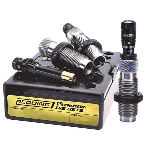 Redding's Premium Handgun Die Set features a Titanium Carbide-sizing die, TiN-coated expander for durability, and precise seating control for uniform bullet pull.