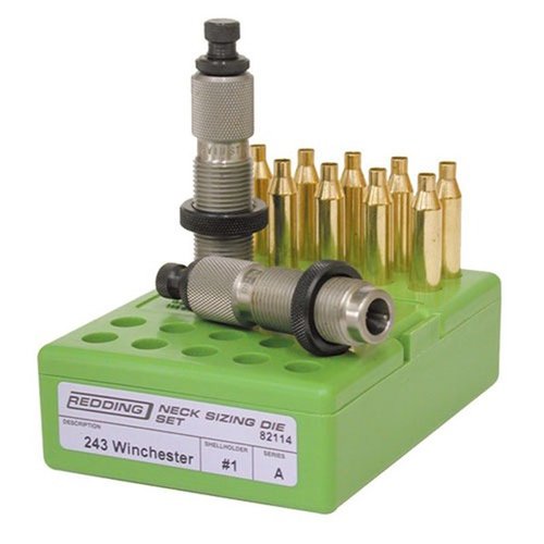 Redding 20 Nosler Neck Die Set features precision neck sizing dies with decapping rod and expander button, plus a seating die with bullet guide and crimp ring for accuracy.