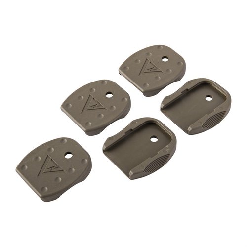 Vickers Tactical floorplates enhance grip for quick mag extraction, made from durable glass-filled nylon, fitting Glock® Small Frame and M&P full-size magazines.