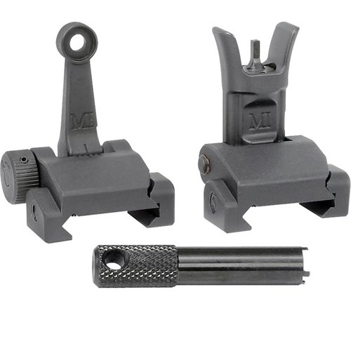 Midwest Industries AR-15 Combat Rifle Folding Sight Set features durable construction, dual-locking detent springs, and precise adjustments for reliable aiming.