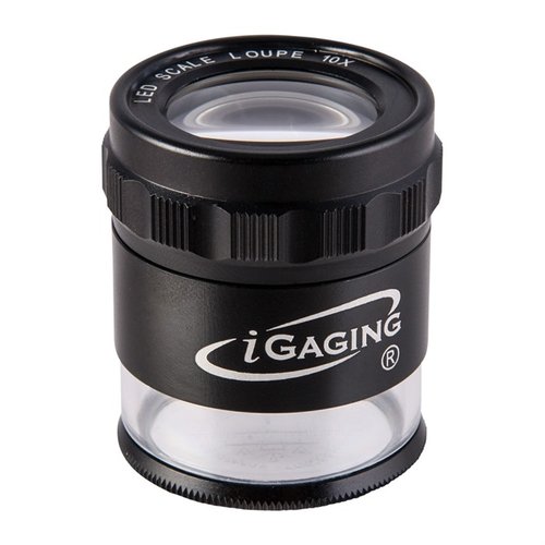iGaging 10X Magnifier features 8 LED lights for clear visibility of small parts, a distortion-free lens, and a built-in reticle for precise measurements.