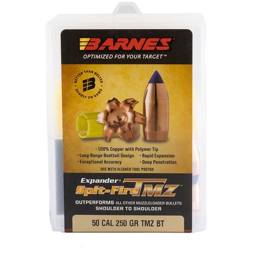 BARNES SPIT-FIRE TMZ BULLETS offer exceptional accuracy and devastating impact with a 250gr weight, designed for 50 caliber firearms, perfect for hunters.