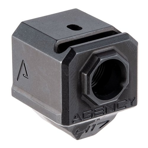 Agency Arms 417S Compensator offers improved recoil control with a single top venting port, easy installation using OEM parts, and compatibility with Glock® 17, 19, 34.