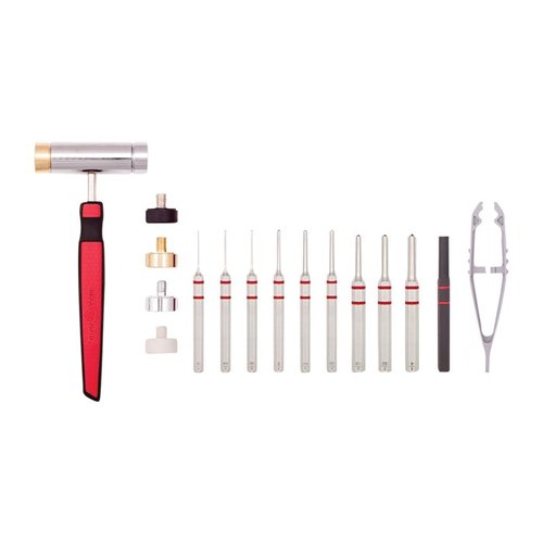 Ergonomic hammer with interchangeable heads, comprehensive roll pin punch selection, and a pin alignment tool ensure precise and efficient gunsmithing.
