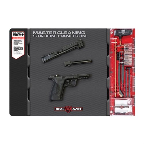 Upgrade your cleaning with the Real Avid Master Cleaning Station, designed for .22 to .45 caliber handguns, featuring a spacious mat and organized tools.